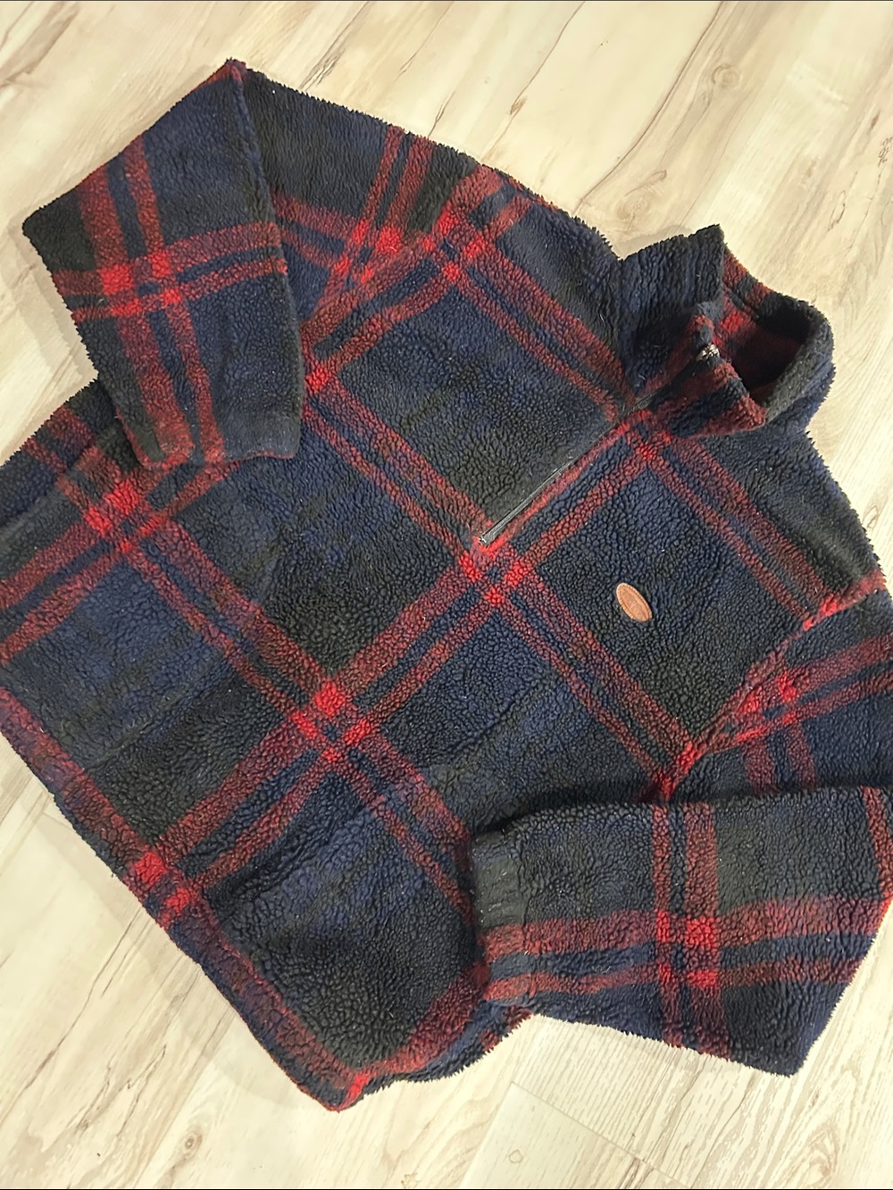 Woolrich Navy and Red Plaid Sherpa Quarter-Zip Jacket